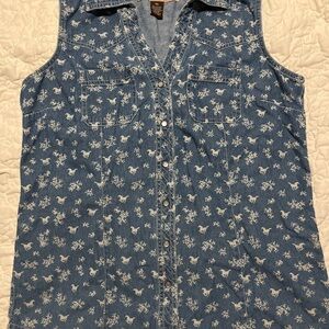 Vintage Bit & Bridle Blue Denim Vest with White Horse Print